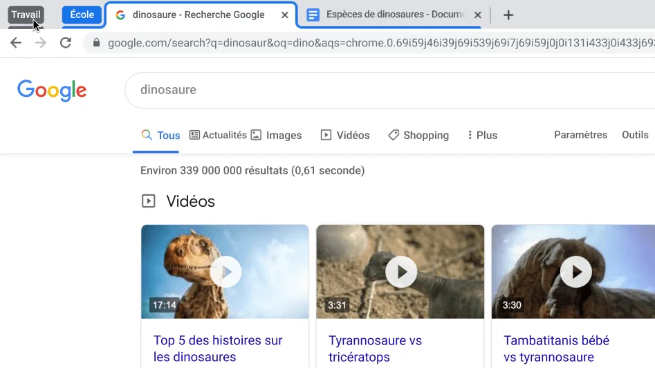 Fenêtre du navigateur Chrome montrant la réduction d'un groupe d'onglets.